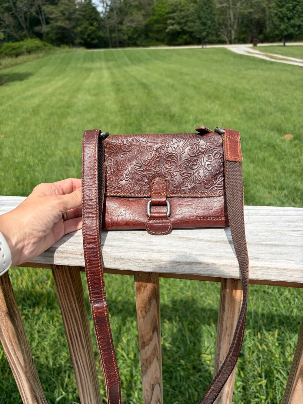 Jack Georges Voyager Crossbody Bag Brown Genuine Leather Floral Carving Boho